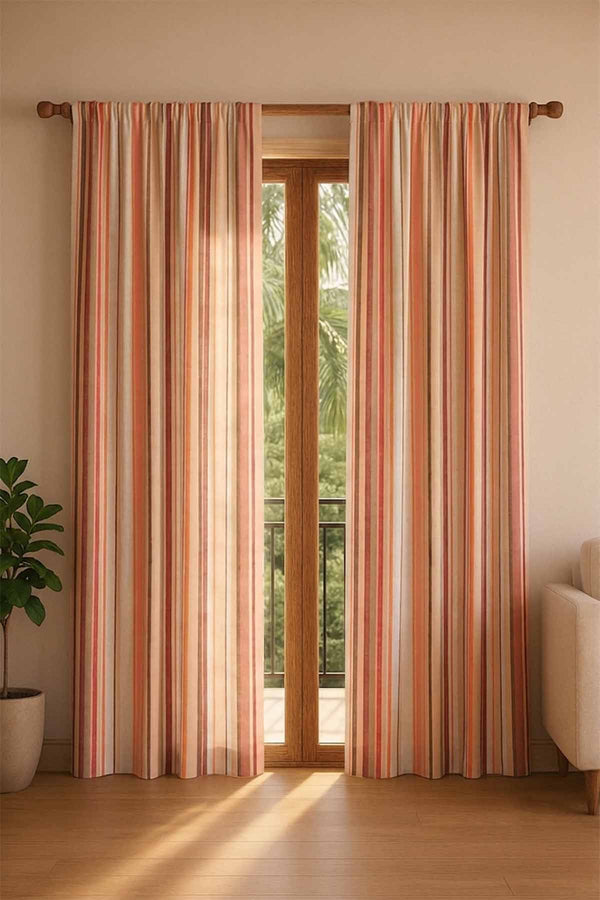 Casual Horizon Striper Laterite Red Cotton Drapes And Blinds
