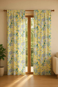 Damask Rose Butter Yellow Printed Heavy Fabric And Curtains