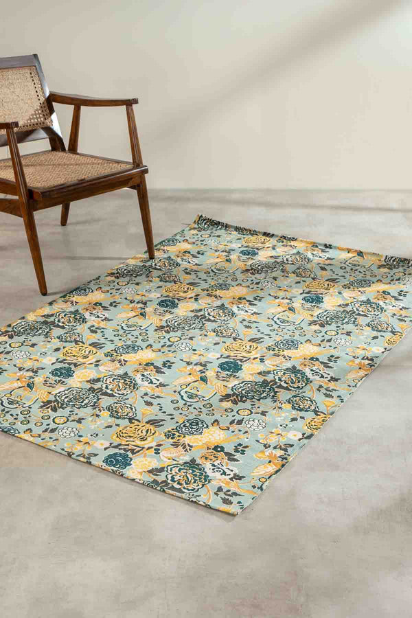 Damask Rose Printed Rug (Grey And Mint)