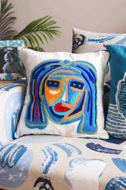 ACCENT CUSHIONS Face Artistic Blue Cushion Cover (41 Cm X 41 Cm)