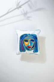 ACCENT CUSHIONS Face Artistic Blue Cushion Cover (41 Cm X 41 Cm)