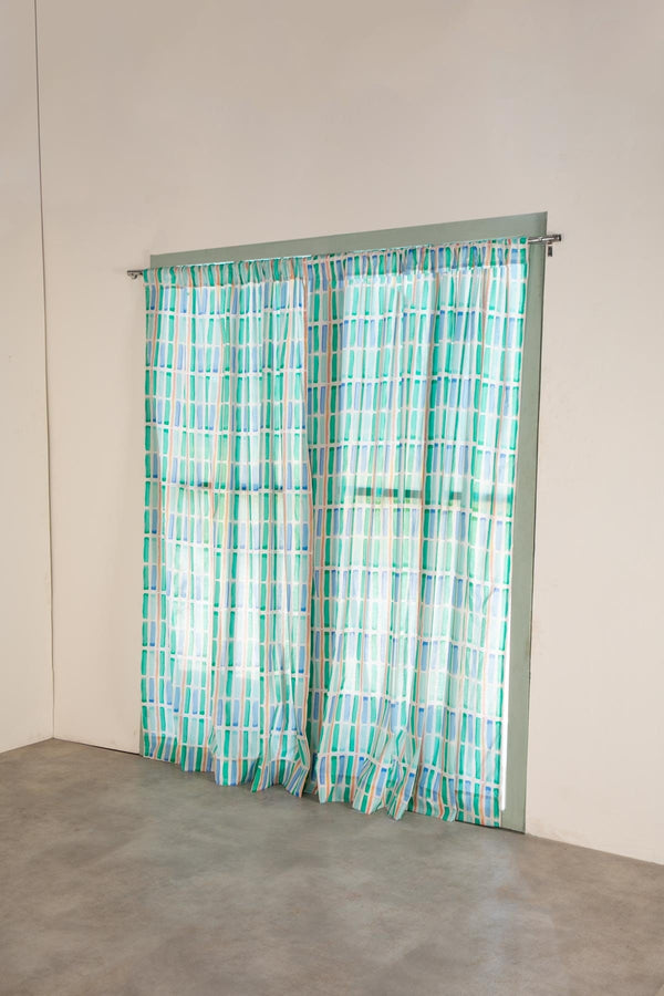 Geo Block Celadon Green Window Curtain In Sheer fabric
