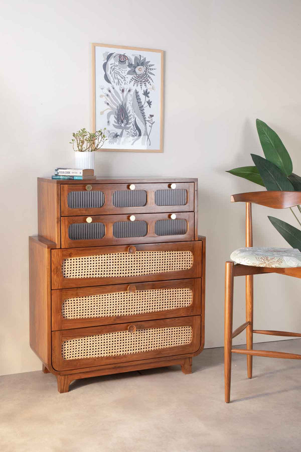 Luna Teak Wood And Wicker Chest Of Drawers