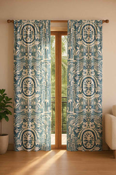 Medallion Tree Indigo Printed Heavy Fabric And Curtains