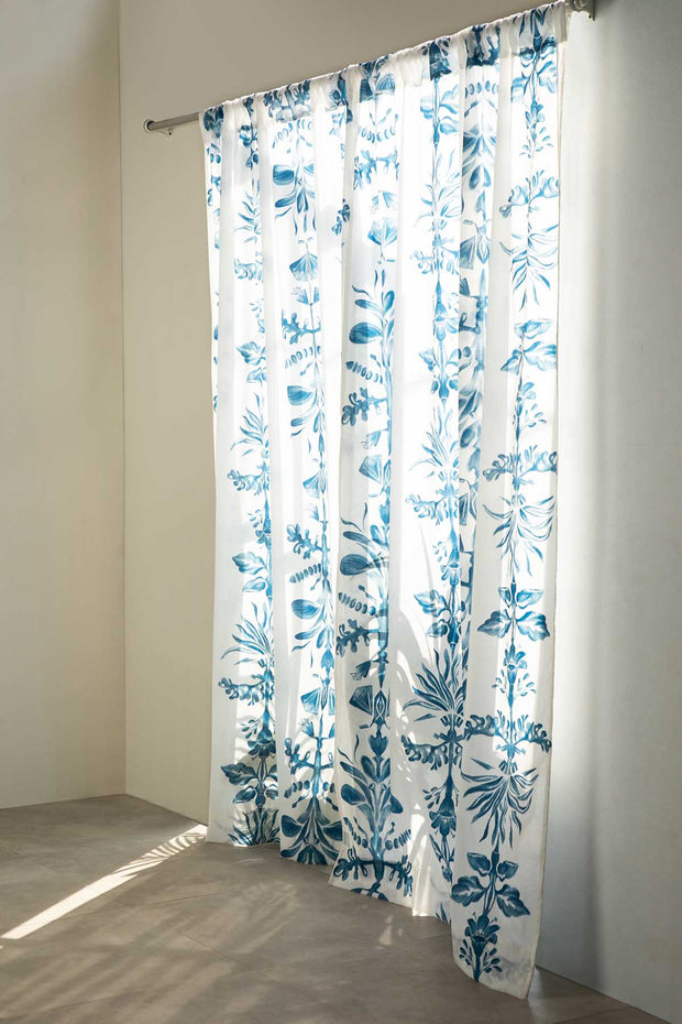PRINT & PATTERN SHEER FABRICS Montane Blue And White Sheer Fabric And Curtains