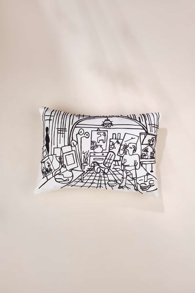 PRINTED CUSHIONS Artist Studio (35 Cm X 50 Cm) Cushion Cover (Black/White)