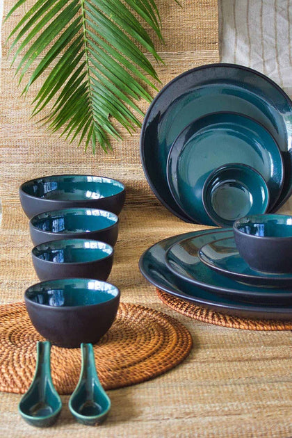 Set of 2 blue and green outlet stoneware soup & side bowls