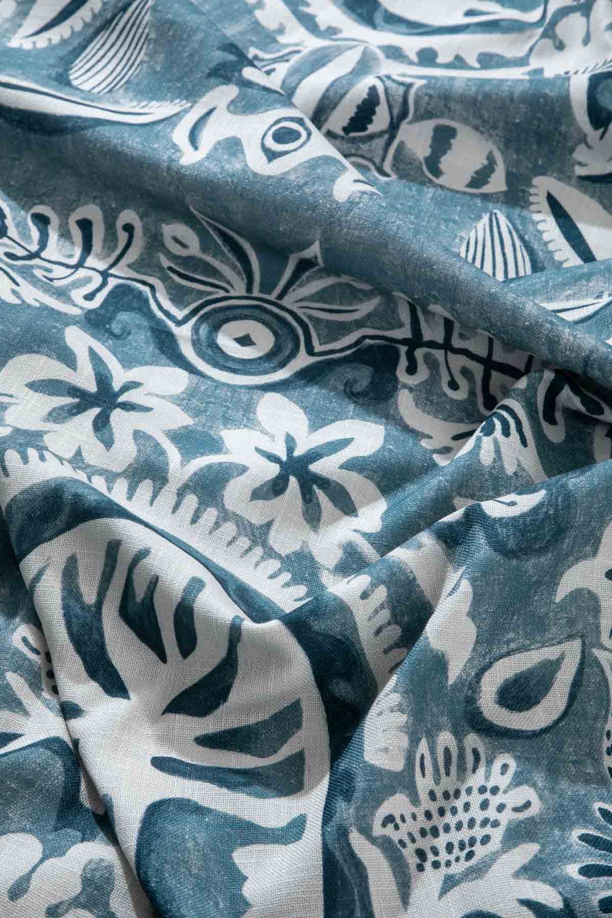 Medallion Tree Indigo Printed Upholstery Fabric