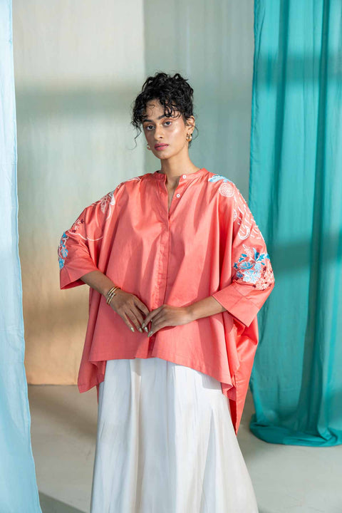 Moonflower Embroidered Kaftan Top (Deep Coral)