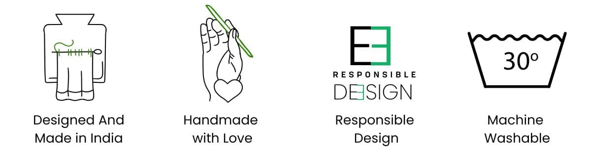 Designed and made in India. Handmade with love. On-trend colour design. Responsibly made from recycled cotton yarns.