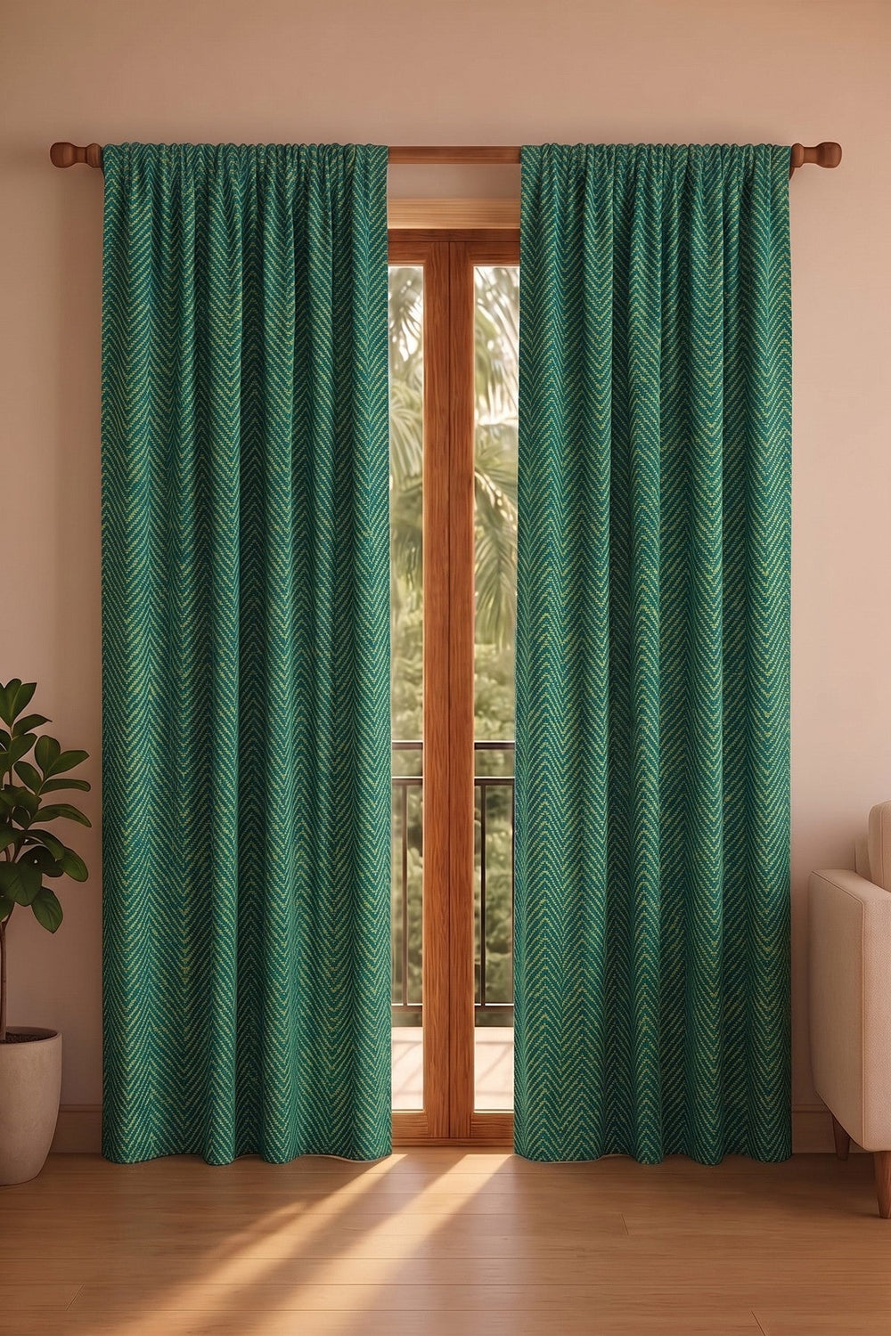 PRINT & PATTERN HEAVY FABRICS Herringbone Astral Green Printed Heavy Fabric And Curtains