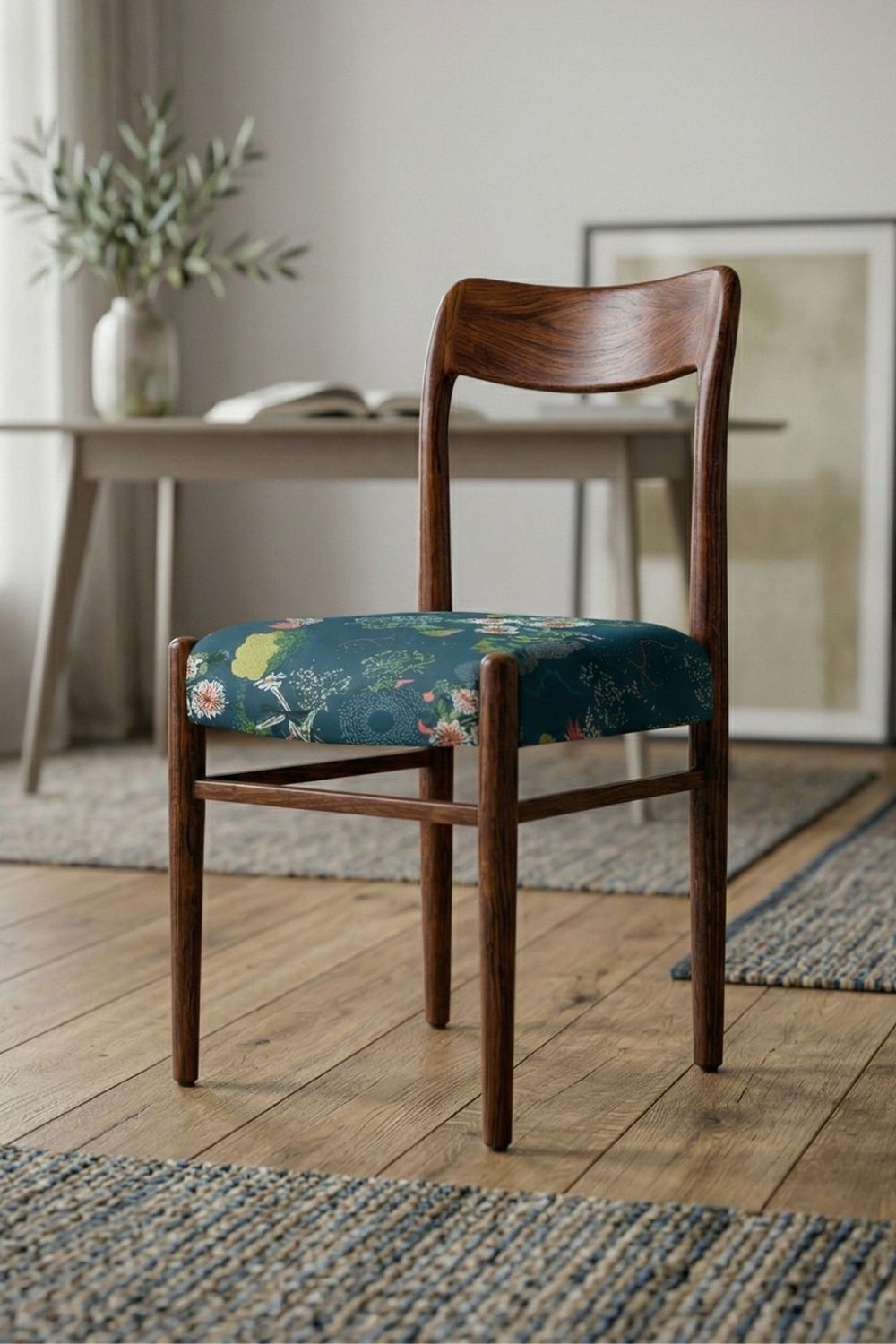 Upholstered Bundle Ay`s Retro Dining Chair in Moonflower Moonlit Blue Fabric