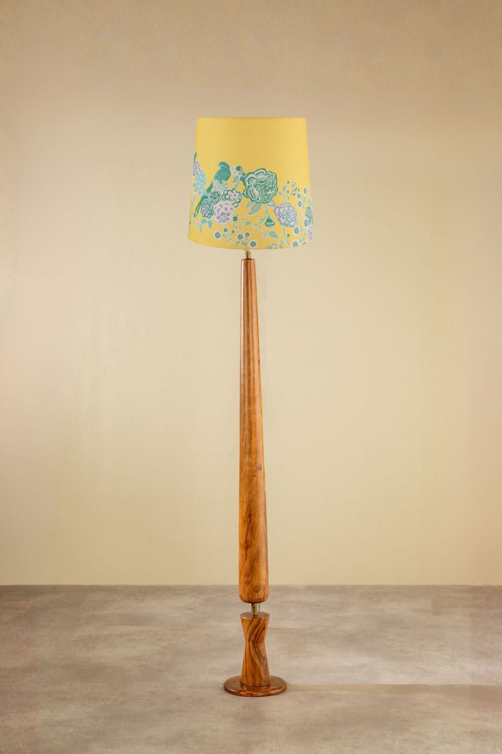 Lighting Bundle Balance Wood Floor Lamp with Damask Birds Taper Lampshade (Butter Yellow)