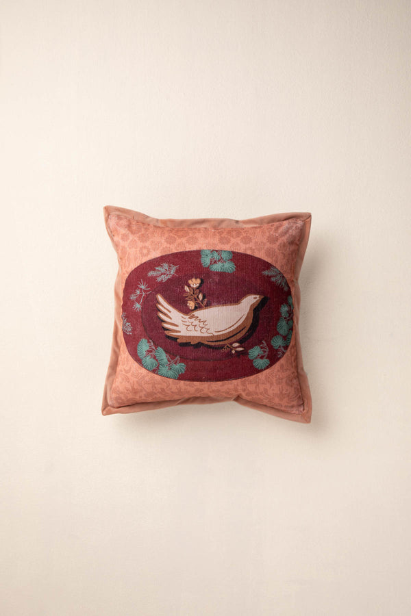 Bird In The Pines Vintage Peach Cushion Cover (41 X 41 Cm)