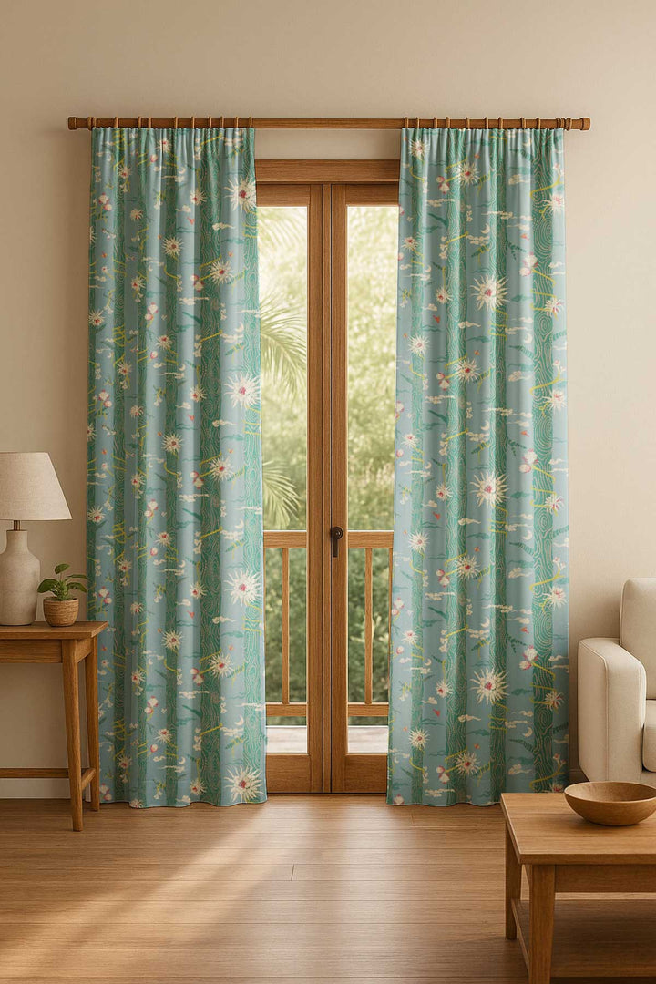 PRINT & PATTERN HEAVY FABRICS Brahmakamal Aqua Blue Printed Heavy Fabric And Curtains