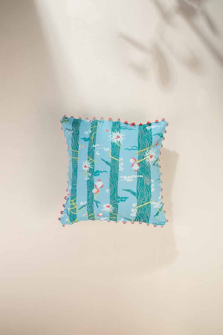 PRINT & PATTERN CUSHIONS Brahmakamal Aqua Blue Cushion Cover (46 Cm X 46 Cm)