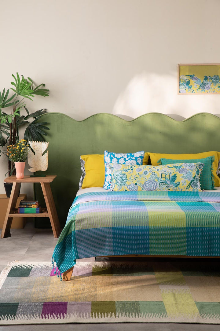 SOLID & TEXTURED BEDCOVERS Code Checks Recycled Cotton Bedcover (Blue Green)