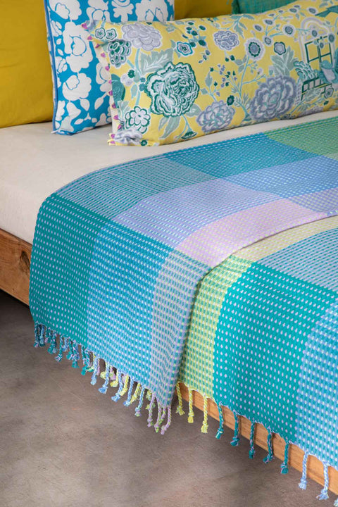 SOLID & TEXTURED BEDCOVERS Code Checks Recycled Cotton Bedcover (Blue Green)