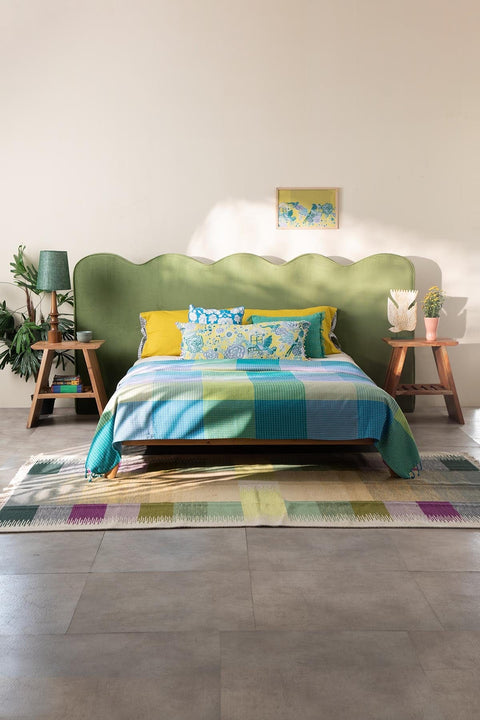 SOLID & TEXTURED BEDCOVERS Code Checks Recycled Cotton Bedcover (Blue Green)