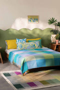 SOLID & TEXTURED BEDCOVERS Code Checks Recycled Cotton Bedcover (Blue Green)