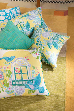 Damask Birds Yellow And Blue Cushion Cover (46 X 46 Cm)