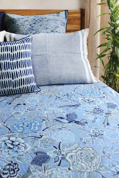 BEDCOVER Damask Rose Blue Cotton Sheeting Bedcover