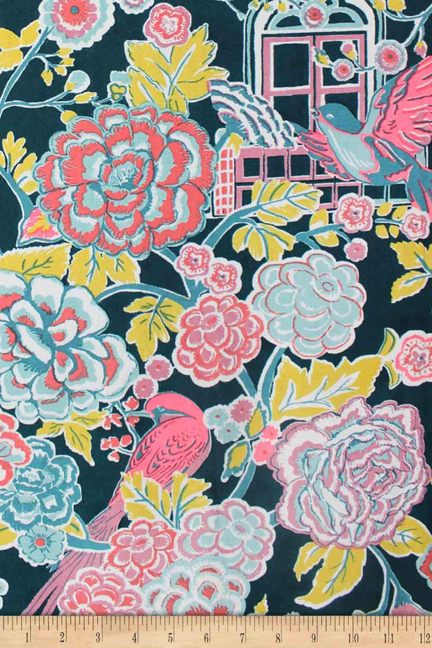 PRINT & PATTERN HEAVY FABRICS Damask Rose Printed Heavy Fabric And Curtains (Deep Teal)