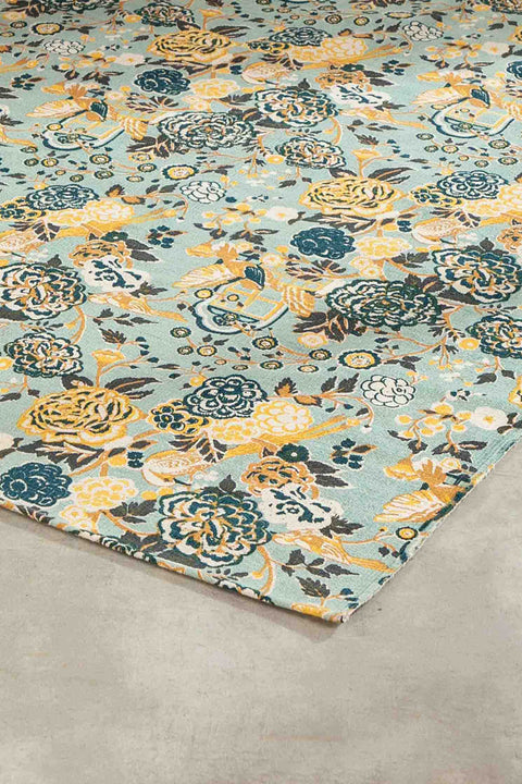 PRINT & PATTERN RUGS Damask Rose Printed Rug (Grey And Mint)