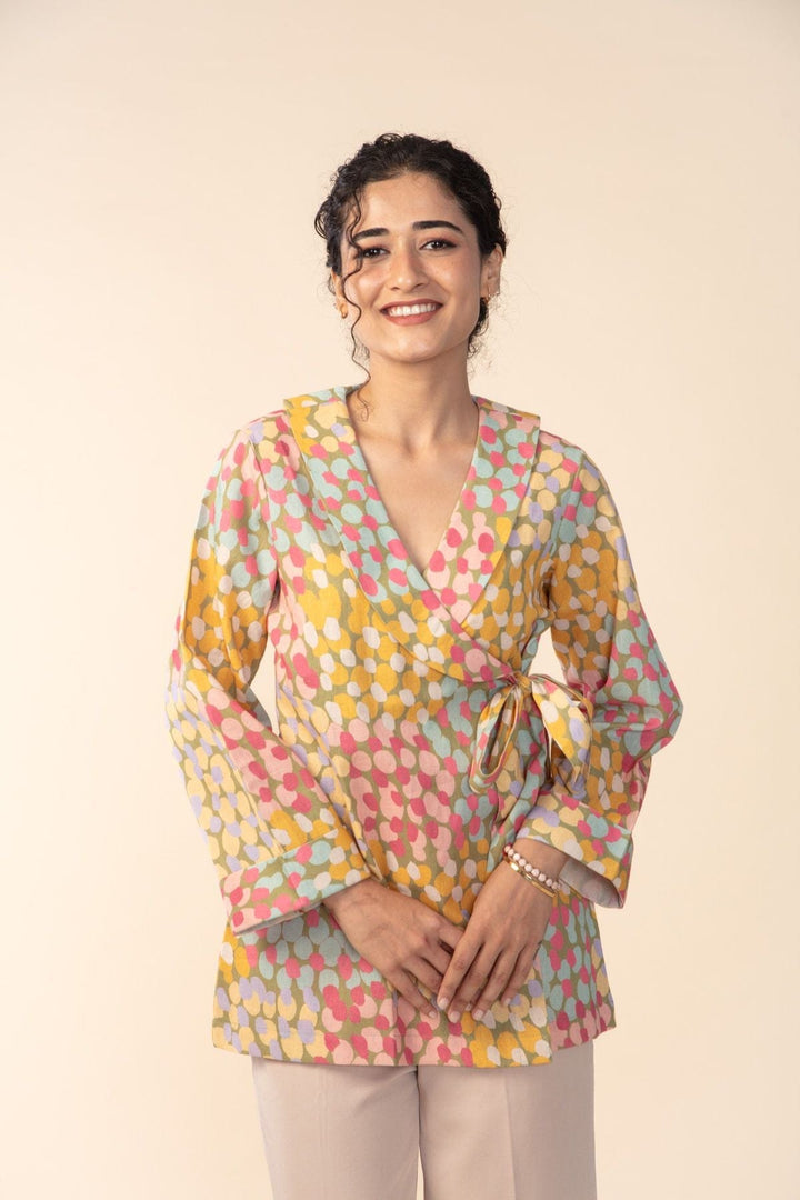 TOPS Doozy Dots Wrap Top (Yellow Side Up)