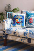 ACCENT CUSHIONS Face Artistic Blue Cushion Cover (41 Cm X 41 Cm)