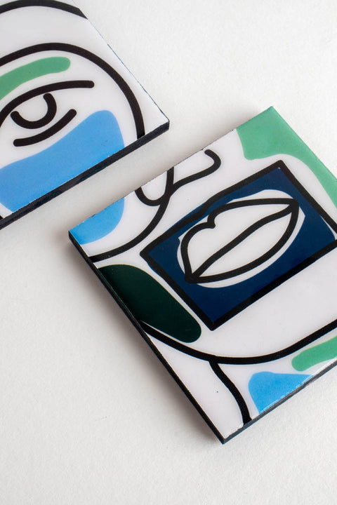 TRIVETS & COASTERS Faces Aqua Blue Coaster (Set Of 4)