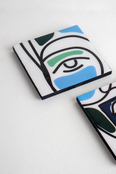TRIVETS & COASTERS Faces Aqua Blue Coaster (Set Of 4)