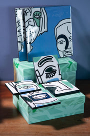 TRIVETS & COASTERS Faces Aqua Blue Coaster (Set Of 4)