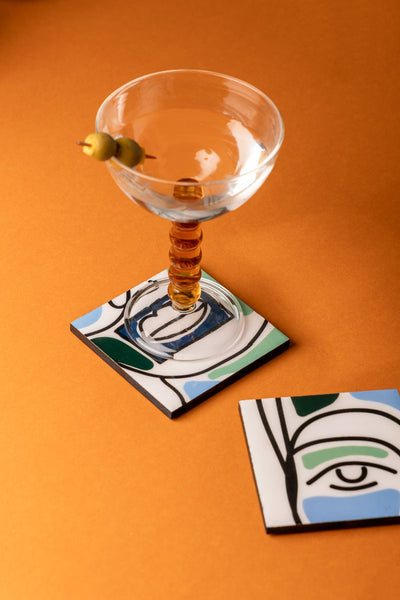 TRIVETS & COASTERS Faces Aqua Blue Coaster (Set Of 4)