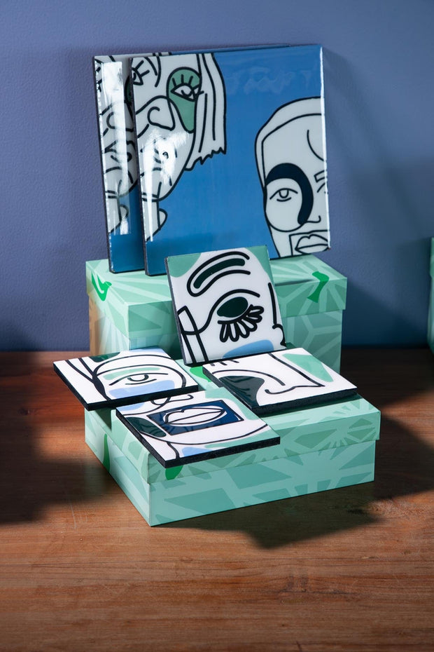 TRIVETS & COASTERS Faces Aqua Blue Trivet