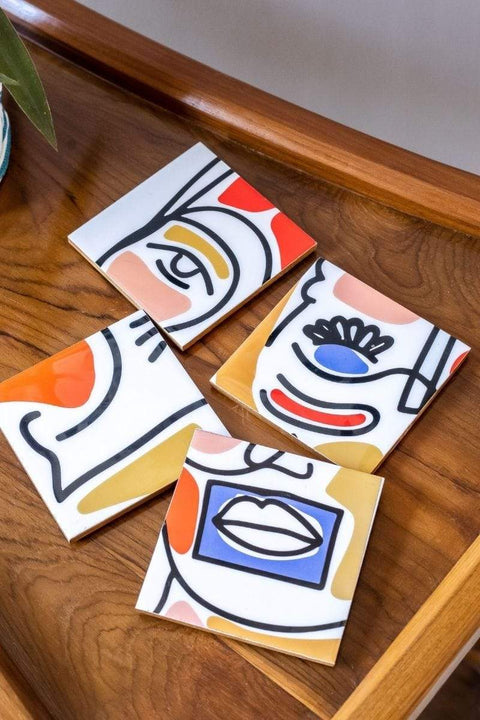 TRIVETS & COASTERS Faces Wood And Resin Coaster (Set Of 4)