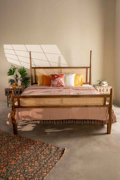 Four Poster Teak Wood And Wicker Bed