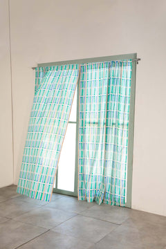 Geo Block Celadon Green Sheer Fabric And Curtains
