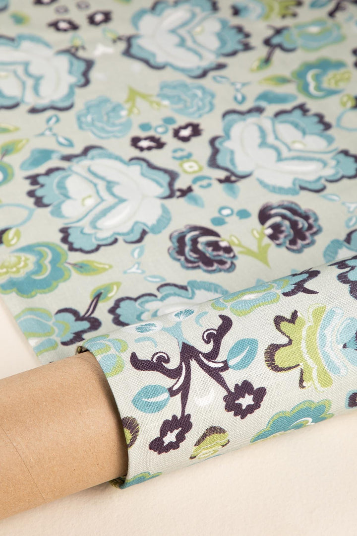 PRINT & PATTERN UPHOLSTERY FABRICS Gypsy Rose Misty Blue Printed Upholstery Fabric