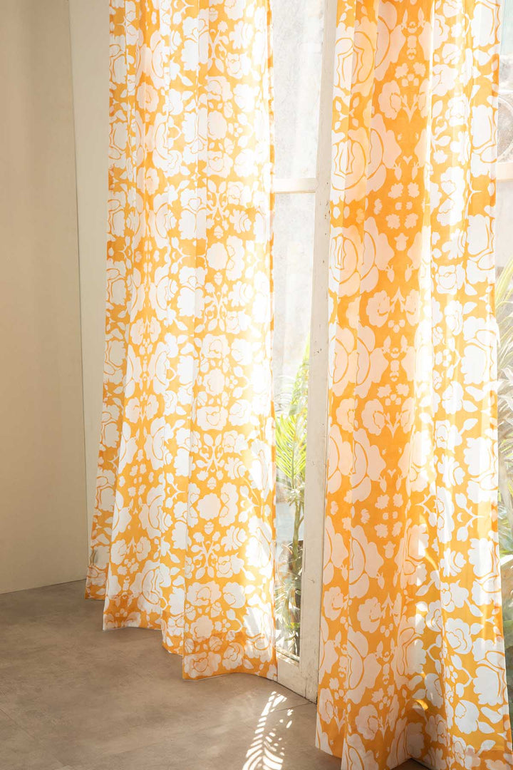 CURTAINS Gypsy Rose Yellow And White Window Curtain In Sheer Fabric
