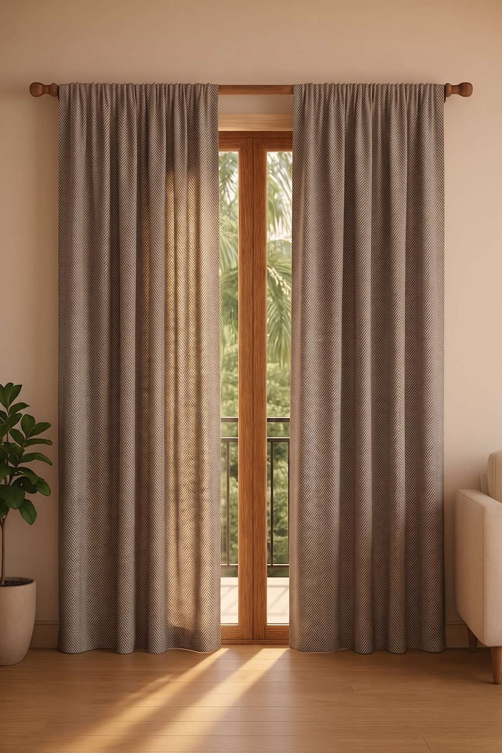 Herringbone Saturn Sand Cotton Drapes And Blinds
