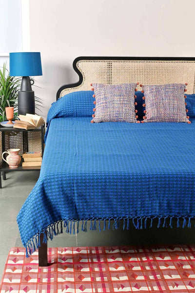SOLID & TEXTURED BEDCOVERS Houndstooth Woven Cotton Bedcover (Midnight Blue)