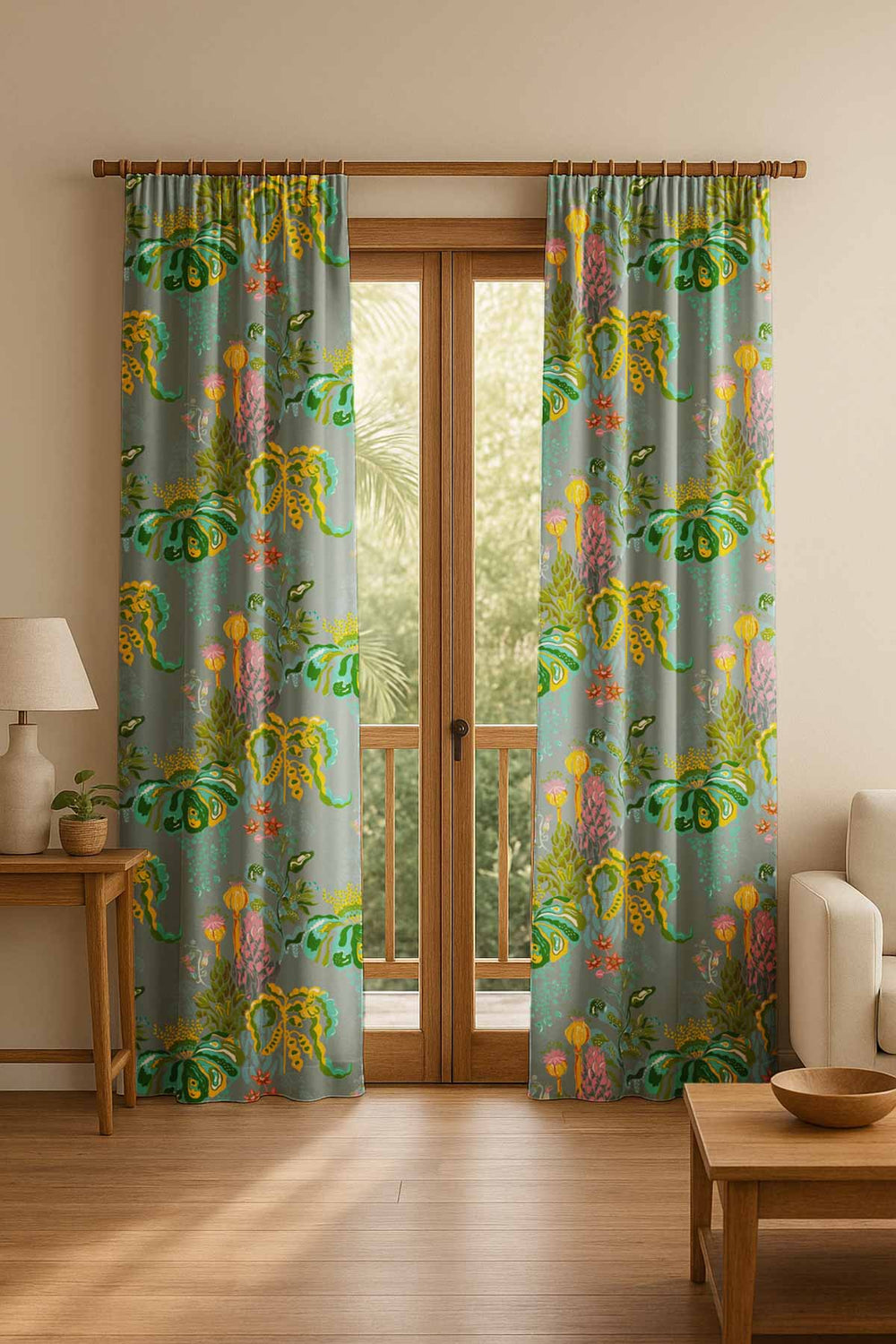 PRINT & PATTERN HEAVY FABRICS Kachnar Green Fields Printed Heavy Fabric And Curtains