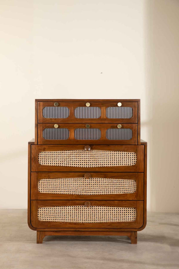 CHEST OF DRAWERS Luna Teak Wood And Wicker Chest Of Drawers