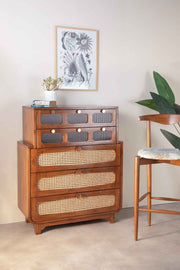 CHEST OF DRAWERS Luna Teak Wood And Wicker Chest Of Drawers