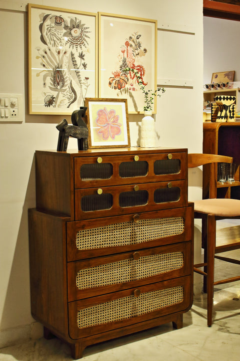 CHEST OF DRAWERS Luna Teak Wood And Wicker Chest Of Drawers