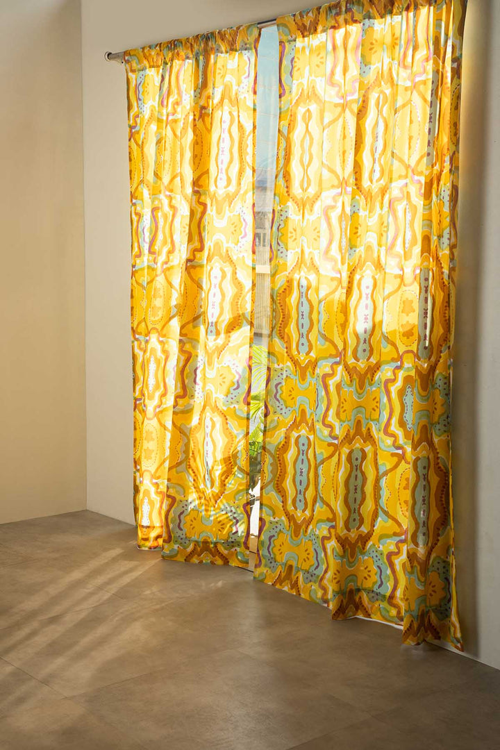 PRINT & PATTERN SHEER FABRICS Mansara Amber Yellow Sheer Fabric And Curtains