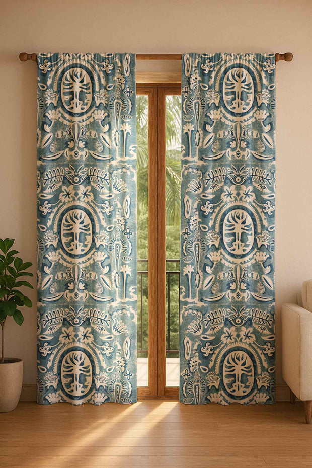 PRINT & PATTERN HEAVY FABRICS Medallion Tree Indigo Printed Heavy Fabric And Curtains