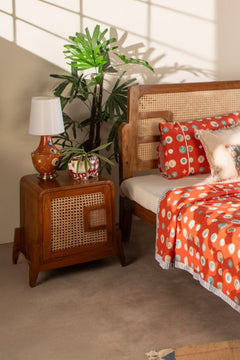 Teak Wood And Wicker Bedside Table