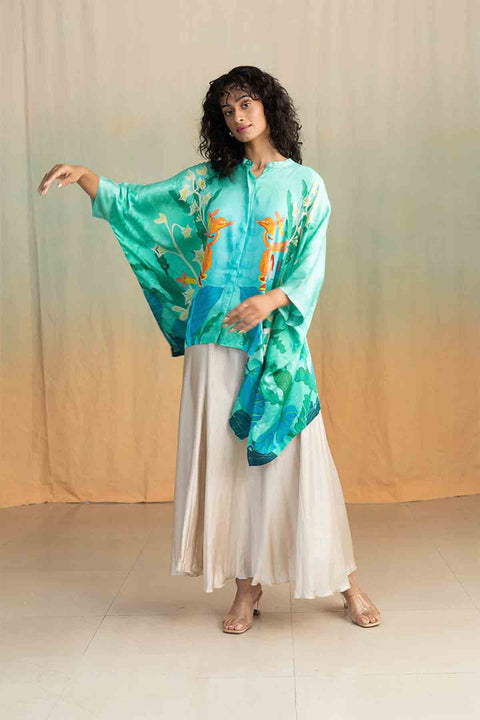 TOPS Mimicry Blooms Kaftan Top (Kava Mint)